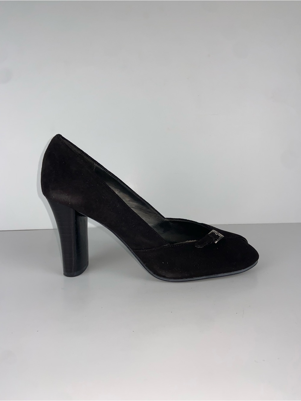 Apostrophe Black Suede Block Heel Pump with Toe Accent
